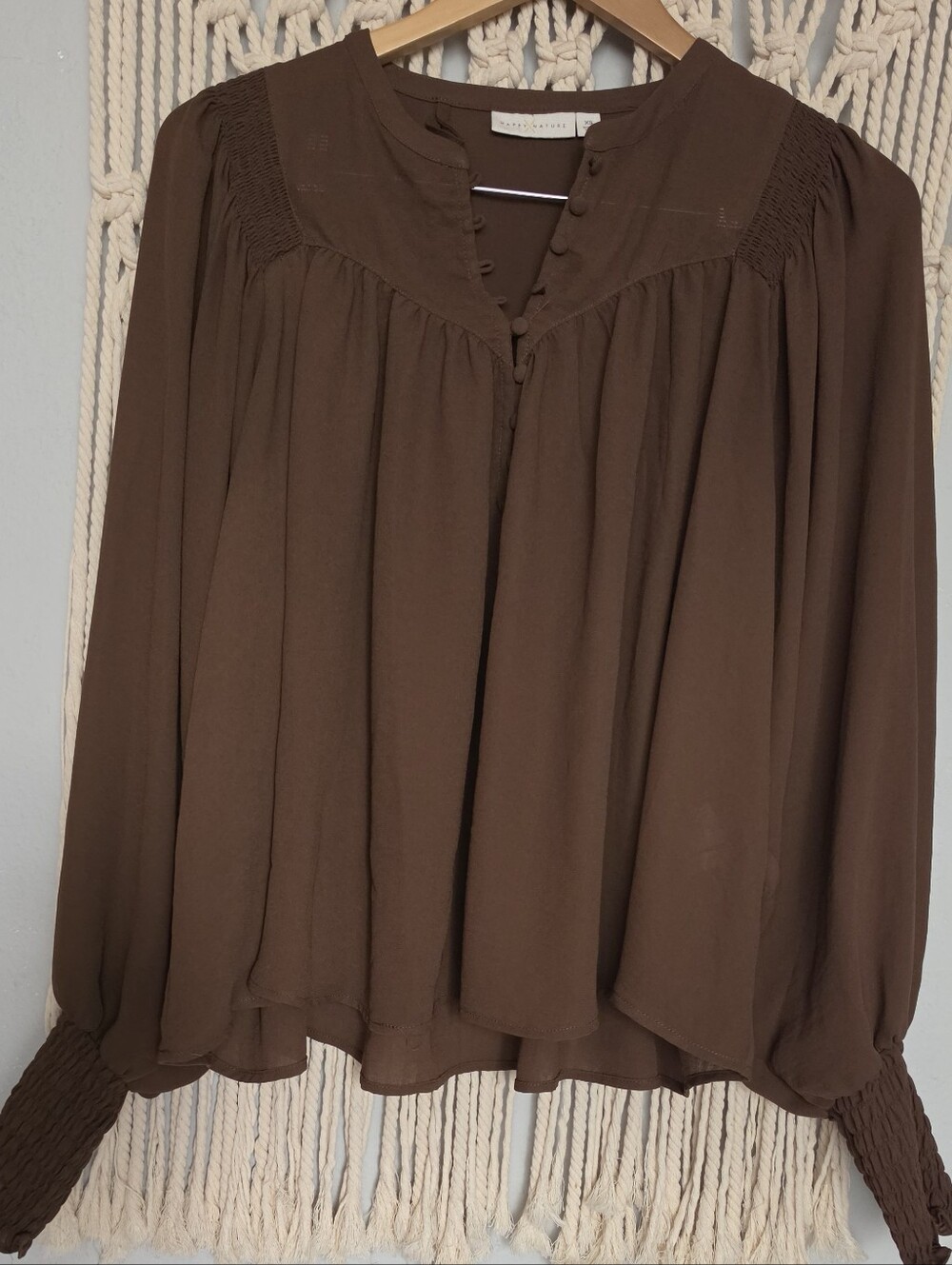 Women's Brown Long-Sleeve Smocked Yoke Blouse